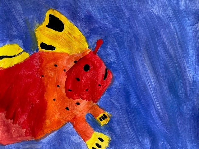 Red handfish painted on blue background done by year 3-4 student